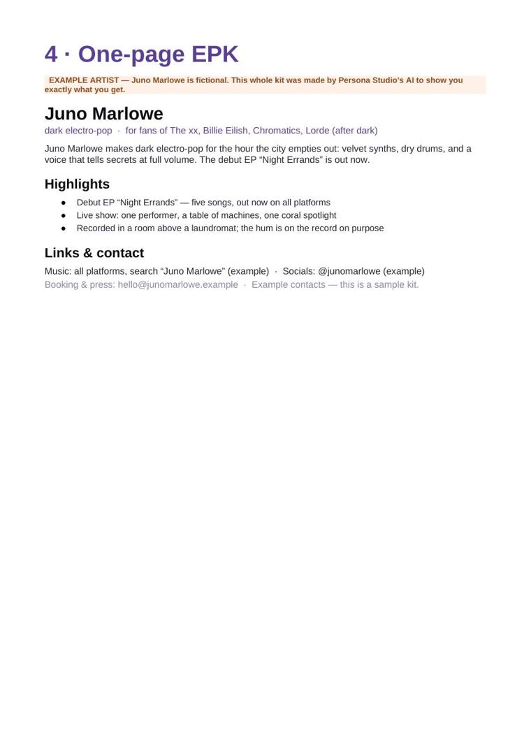 Sample kit page: one-page EPK press kit