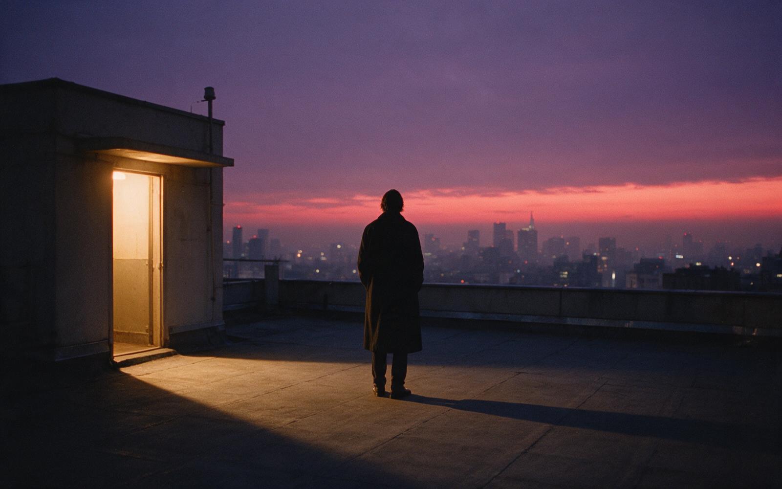 Moodboard 1 — rooftop at dusk, violet and coral sky