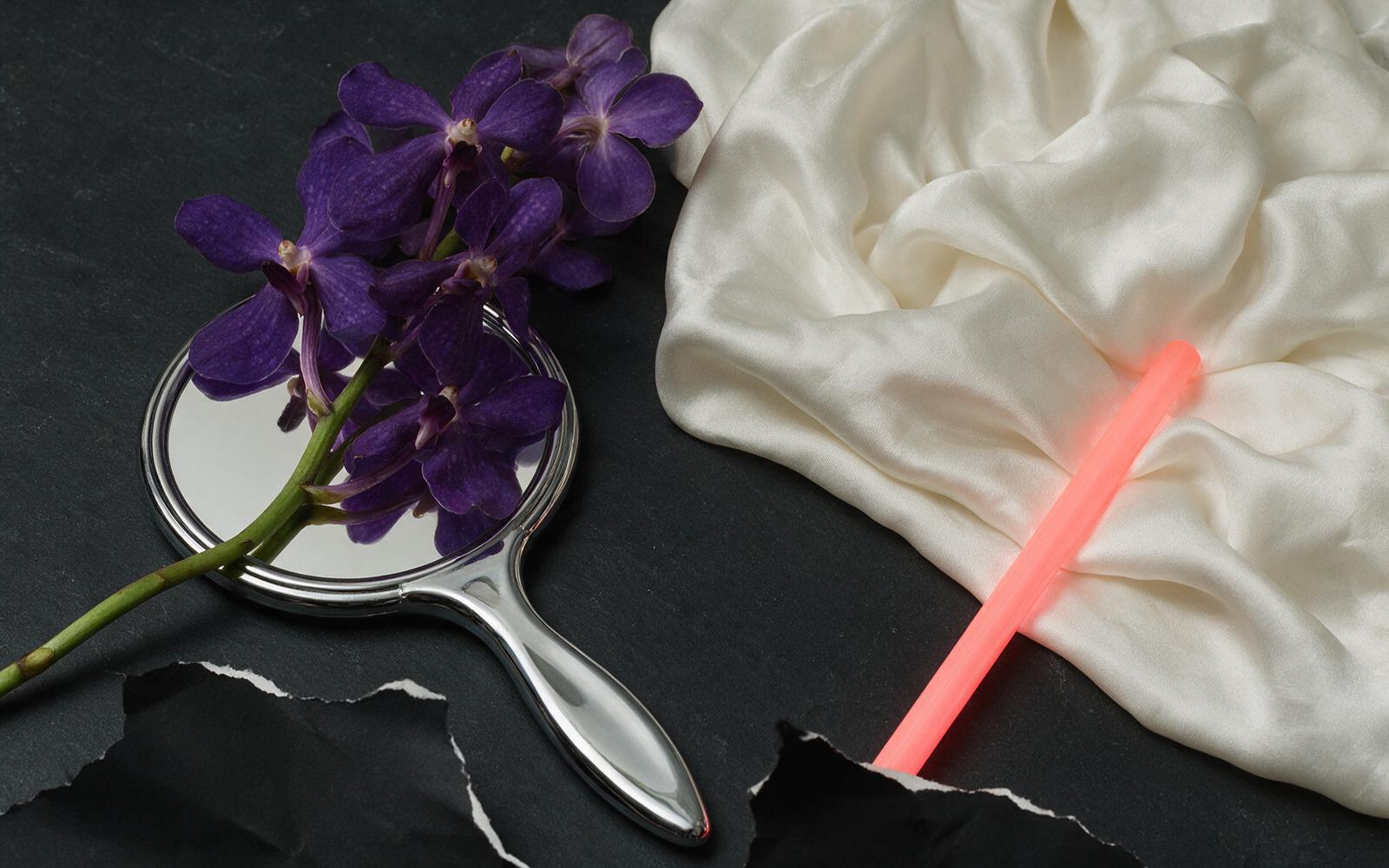 Moodboard 2 — still life: chrome, orchid, satin on slate
